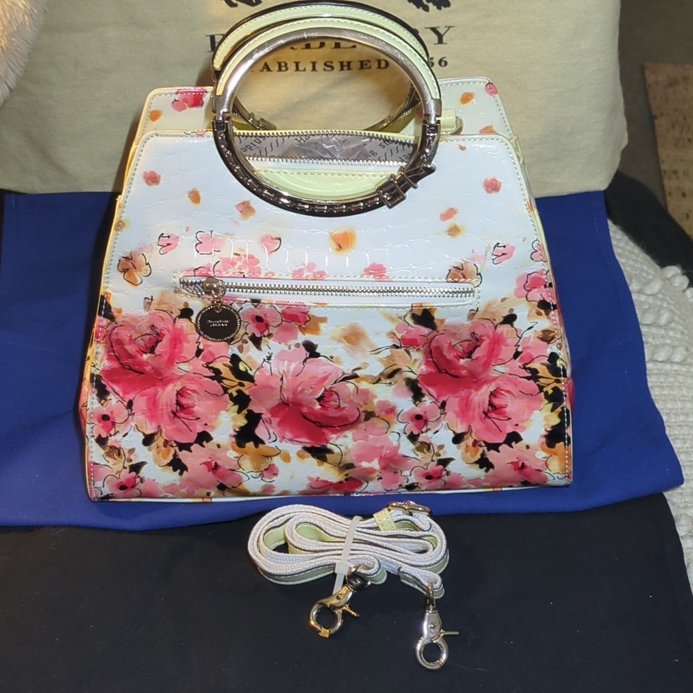 Floral Patent Top-Handle Handbag with Gold Hardware - Pink - Picture 4 of 11